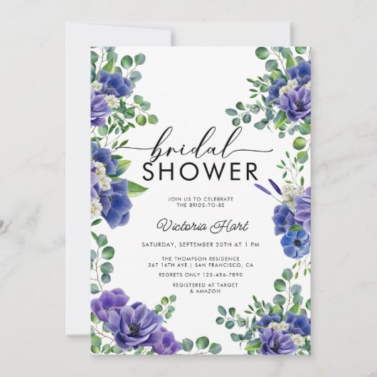 Anemon | Blue Bridal Dusche Einladung (Vorderseite)