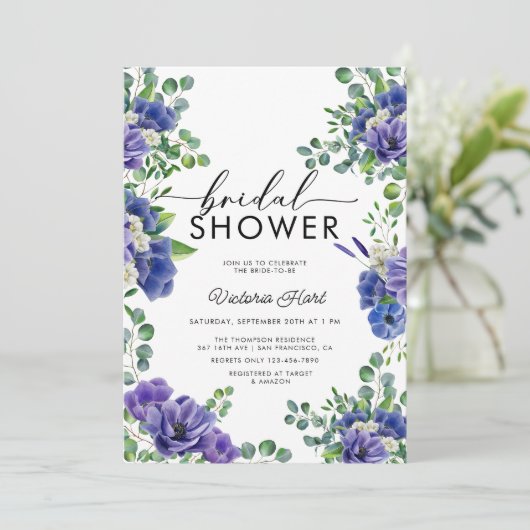 Anemon | Blue Bridal Dusche Einladung (Stehend Vorderseite)