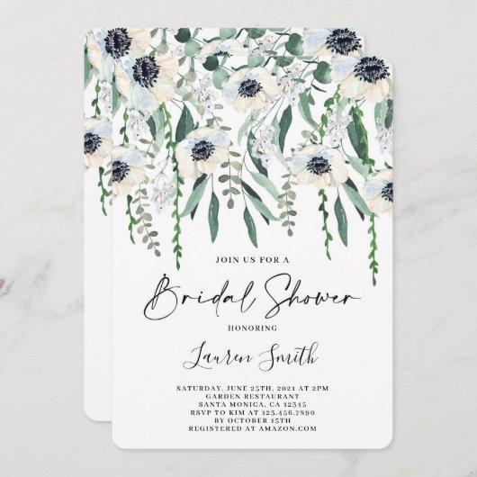 Anemon und grünes Brautparty Einladung (Vorne/Hinten)