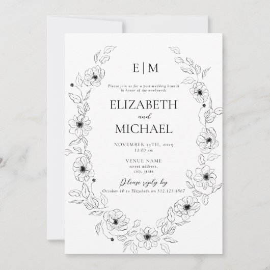 Anemone Black & White Floral Monogram Post Wedding Einladung (Vorderseite)
