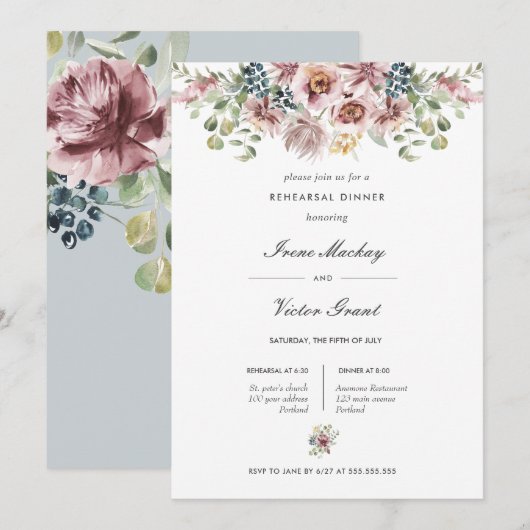 Anemone Blue Gray Botanische Probe Abendessen Einladung (Vorne/Hinten)