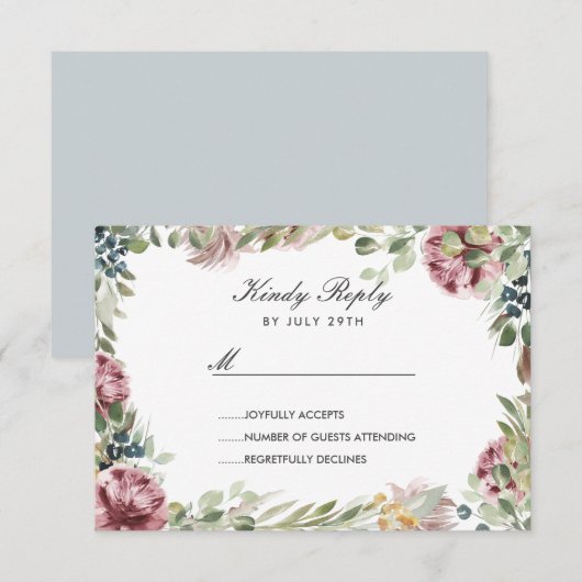 Anemone Blush Blue Grey Blume Rahmen Wedding RSVP Karte (Vorne/Hinten)