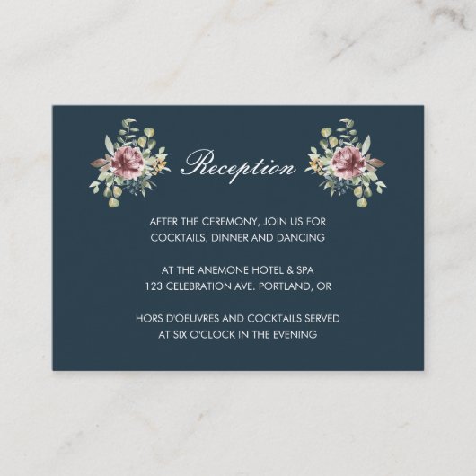 Anemone Blush Navy Blues Hochzeitsempfang Begleitkarte (Vorderseite)