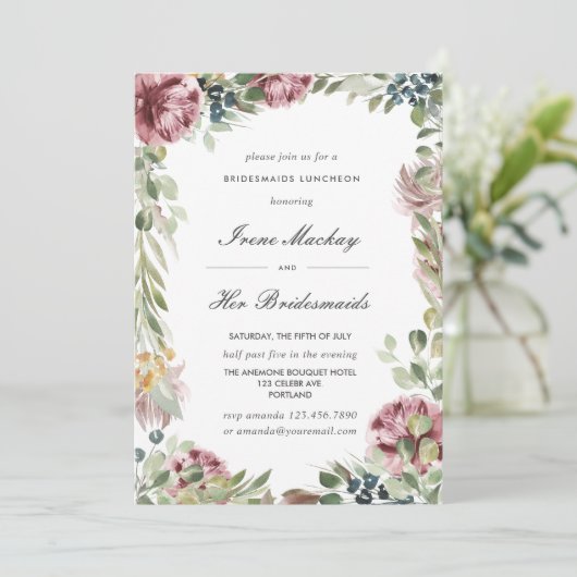 Anemone Blush Pink Botanical BRIDESMAIDS LUNCHEON Einladung (Stehend Vorderseite)