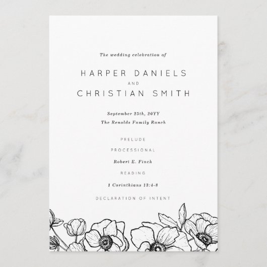 Anemone Bouquet Wedding Programm (Vorderseite)