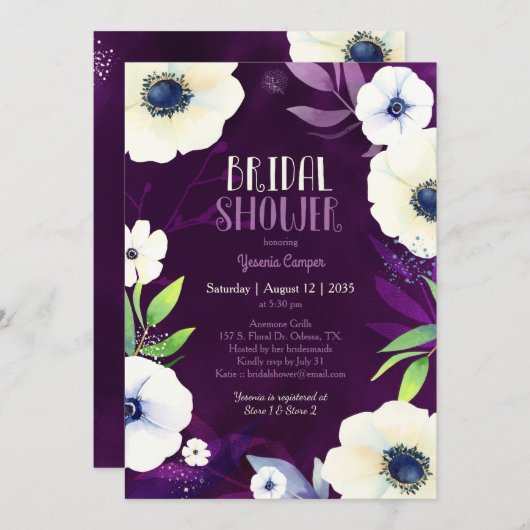 Anemone Dream Lila Brautparty Einladung (Vorne/Hinten)