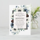 Anemone Dusty Blue Thistle Burgundy Floral Wedding Einladung (Stehend Vorderseite)