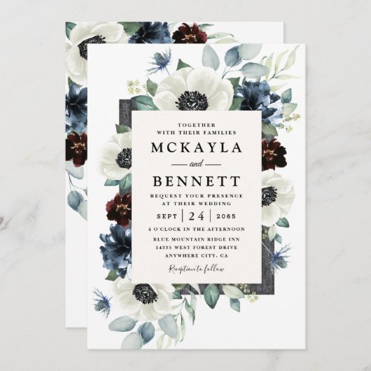 Anemone Dusty Blue Thistle Burgundy Floral Wedding Einladung (Vorne/Hinten)