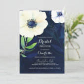 Anemone Floral Navy Blue Brautparty Einladung (Stehend Vorderseite)