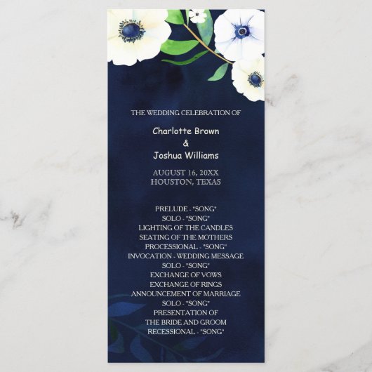 Anemone Floral Navy Blue Wedding Programm (Vorderseite)