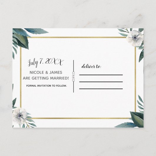 Anemone Floral Save the Date Anemone Green Blätter Ankündigungspostkarte (Rückseite)