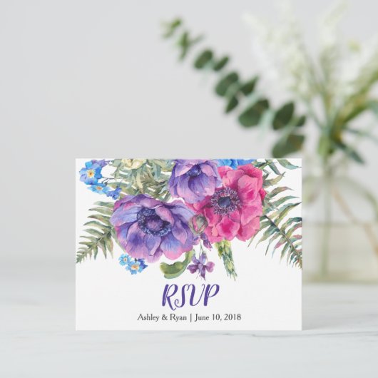 Anemone Floral Wedding RSVP Postcard Einladungspostkarte (Stehend Vorderseite)