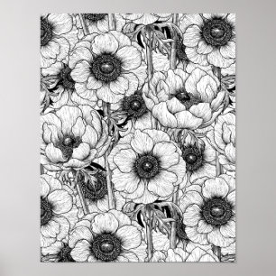 Anemone garden in black and white poster