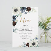 Anemone Navy Blue Burgundy Boho Wedding Menu Cards (Stehend Vorderseite)