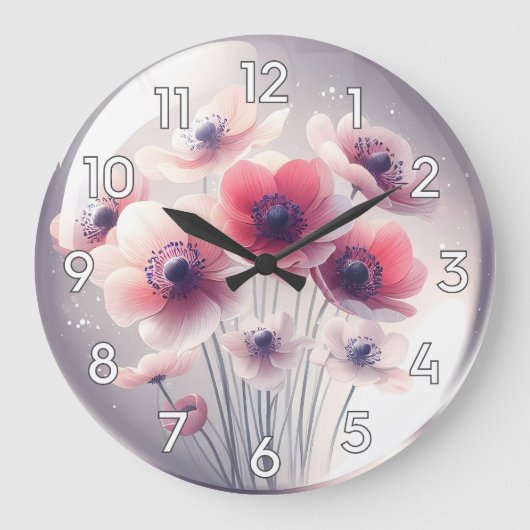 Anemone Red White Blume Große Wanduhr (Vorderseite)