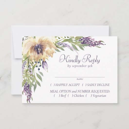 Anemone und Lavender | Lila Grüncreme-Entree RSVP Karte (Vorderseite)