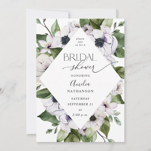 Anemone White Floral Brautparty Einladung (Vorderseite)