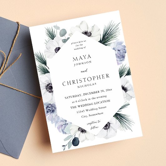 Anemone Winter White Floral Wedding Einladung