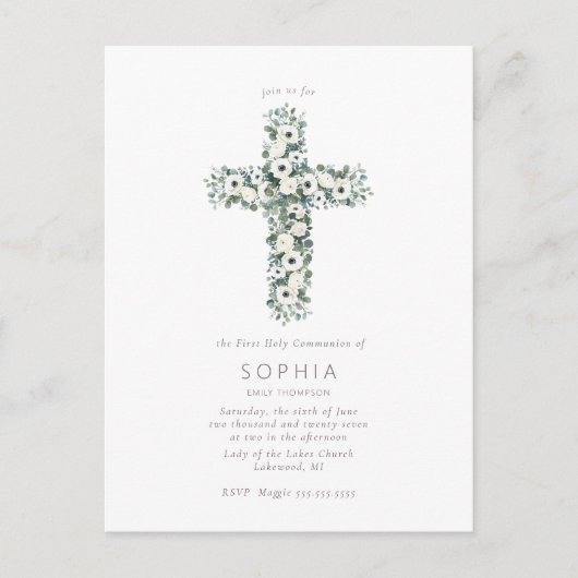Anemonen und Eukalyptus-Kreuz Erste Heilige Kommun Postkarte (Vorderseite)