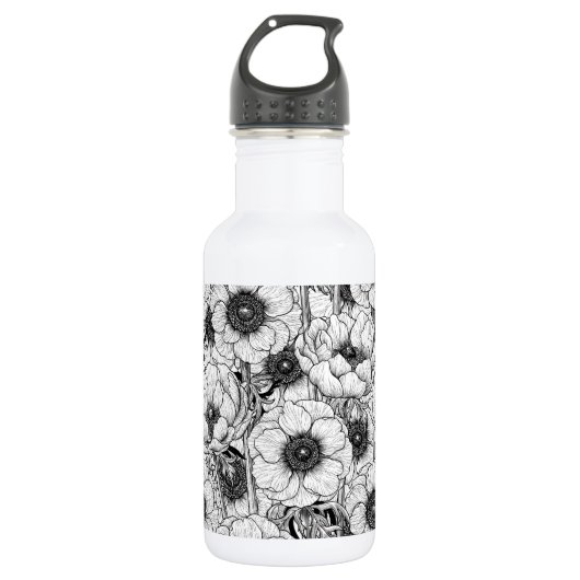 Anemonengarten in Schwarzweiß Edelstahlflasche (Vorderseite)