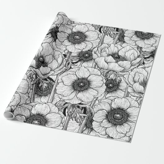 Anemonengarten in Schwarzweiß Geschenkpapier (Ungerollt)