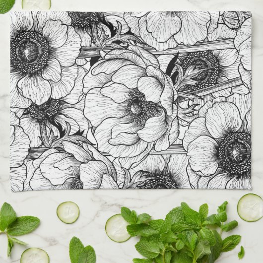 Anemonengarten in Schwarzweiß Geschirrtuch (Gefaltet)