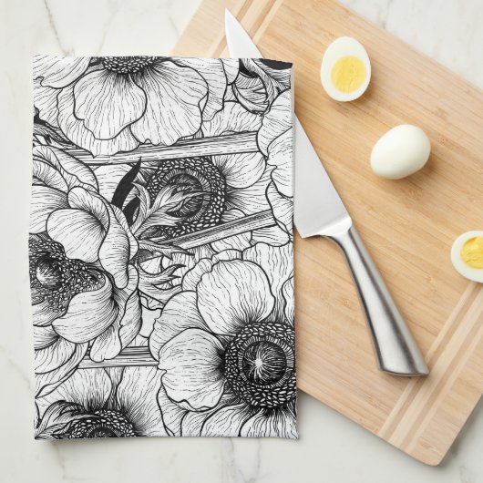 Anemonengarten in Schwarzweiß Geschirrtuch (Viertel Falte)