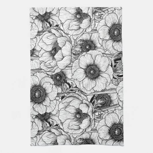 Anemonengarten in Schwarzweiß Geschirrtuch (Vertikal)