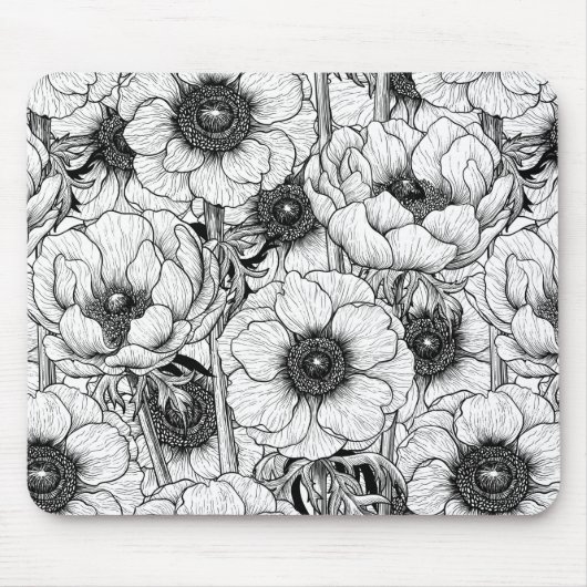 Anemonengarten in Schwarzweiß Mousepad (Vorne)