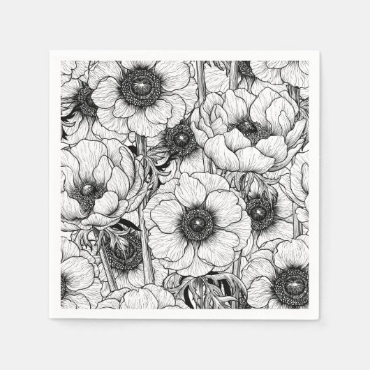 Anemonengarten in Schwarzweiß Serviette (Vorderseite)