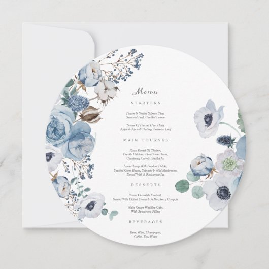 Anemones Circle Menu Card für Misty Blues Rose Einladung (Vorderseite)