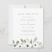 Anemones & Dusty Eukalyptus Save the Date Karte (Vorderseite)