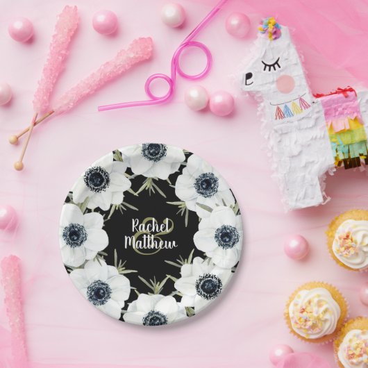 Anemones Floral Wedding Black and White Pappteller (Party)