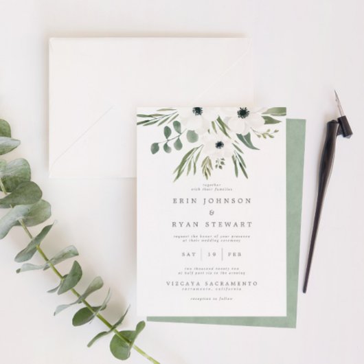 Anemones Sage & Dusty Green Eucalyptus Wedding Einladung