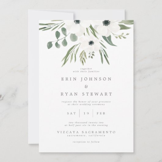 Anemones Sage & Dusty Green Eucalyptus Wedding Inv Einladung (Vorderseite)