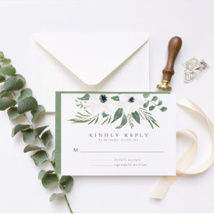 Anemones Sage & Dusty Green Eucalyptus Wedding RSVP Karte