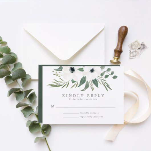 Anemones Sage & Dusty Green Eucalyptus Wedding RSVP Karte