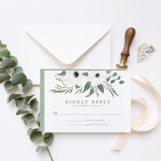 Anemones Sage & Dusty Green Eucalyptus Wedding RSVP Karte