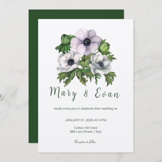 Anemonische Blume sind lila-graue Hochzeit Einladung (Vorne/Hinten)