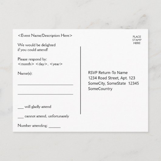 Anerkennbar und sauber "Bitte R.S.V.P." Postkarte (Rückseite)