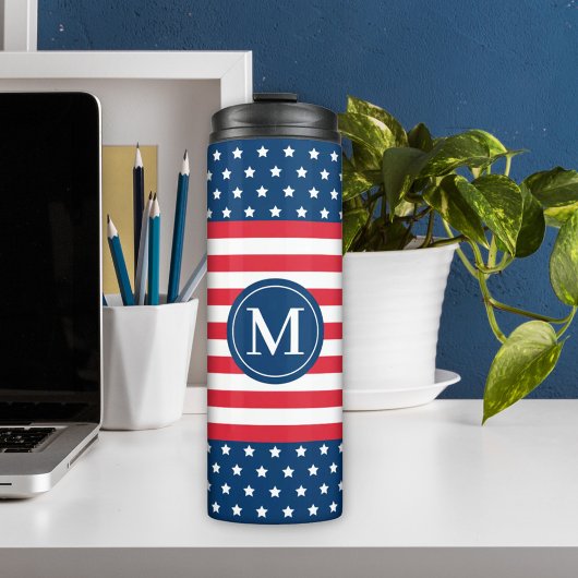 Anfänglich Red White Blue Custom Monogram Thermosbecher