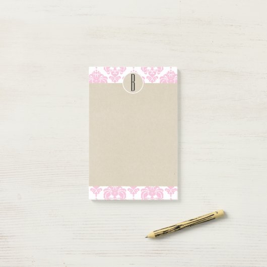 Anfänglich rosa weißes Glam Damask Kraft Monogram Post-it Klebezettel (Auf Schreibtisch)