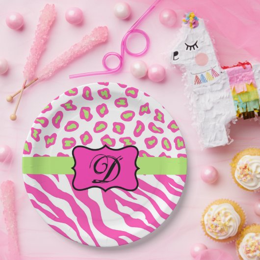 Anfänglich rosa Zebra Leopard Hautmonogramm Pappteller (Party)