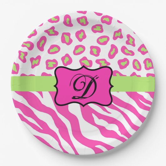 Anfänglich rosa Zebra Leopard Hautmonogramm Pappteller (Vorderseite)