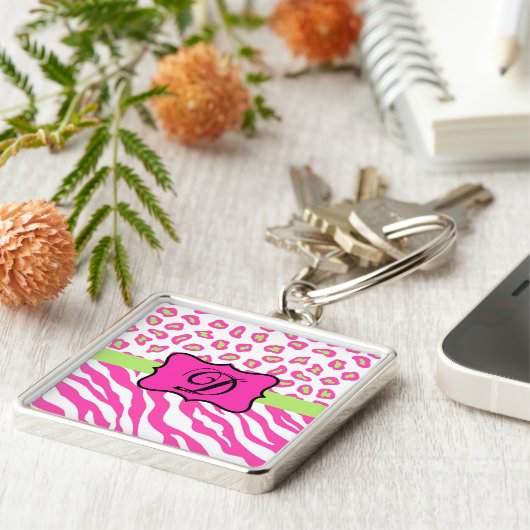 Anfänglich rosa Zebra Leopard Hautmonogramm Schlüsselanhänger (Seite)