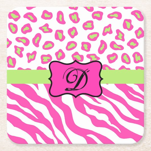 Anfänglich rosa Zebra-Leopard-Monogramm Rechteckiger Pappuntersetzer (Vorderseite)