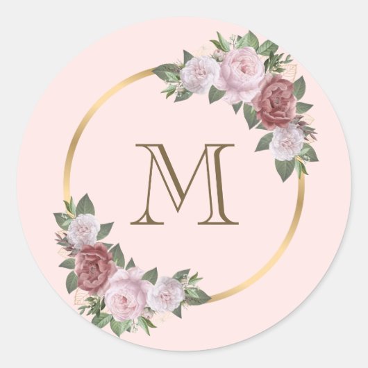 Anfängliche Blush Pink Gold Floral Monogram Runder Aufkleber (Vorderseite)