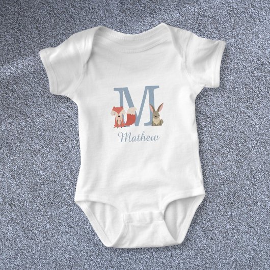 Anfängliche Monogramm für Woodland Animals Blue Ba Baby Strampler