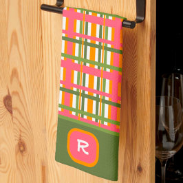 Anfängliche rosa grüne Kariert Chic Monogram Geschirrtuch