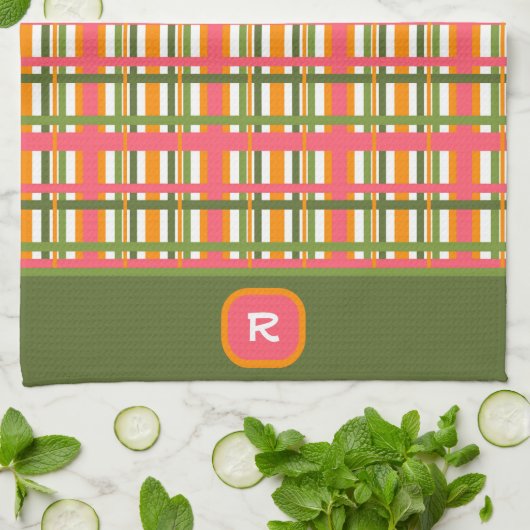 Anfängliche rosa grüne Kariert Chic Monogram Geschirrtuch (Gefaltet)